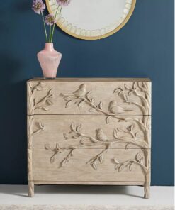 Hand Carved Solid Wood Three Drawer Dresser with Ornithology Design