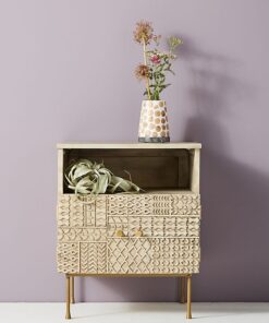 Solid Mango Wood Nightstand with Carved Patchwork Design