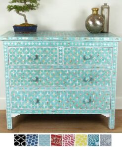 Solid Teak Wood 4 Drawer Chest with Mother of Pearl Inlay